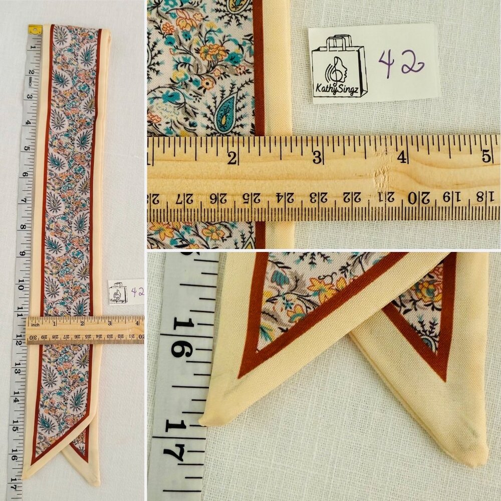 Slim Scarf Teal Mustard Boho Paisley Cream 34 inches Neck Hair Bag Wrap No 42 - Picture 7 of 9